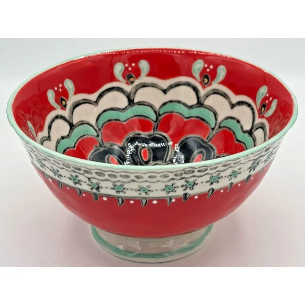 ANTHROPOLOGIE Footed Bowl Akaya Elka Red Bohemian Floral Handpainted Cereal Soup